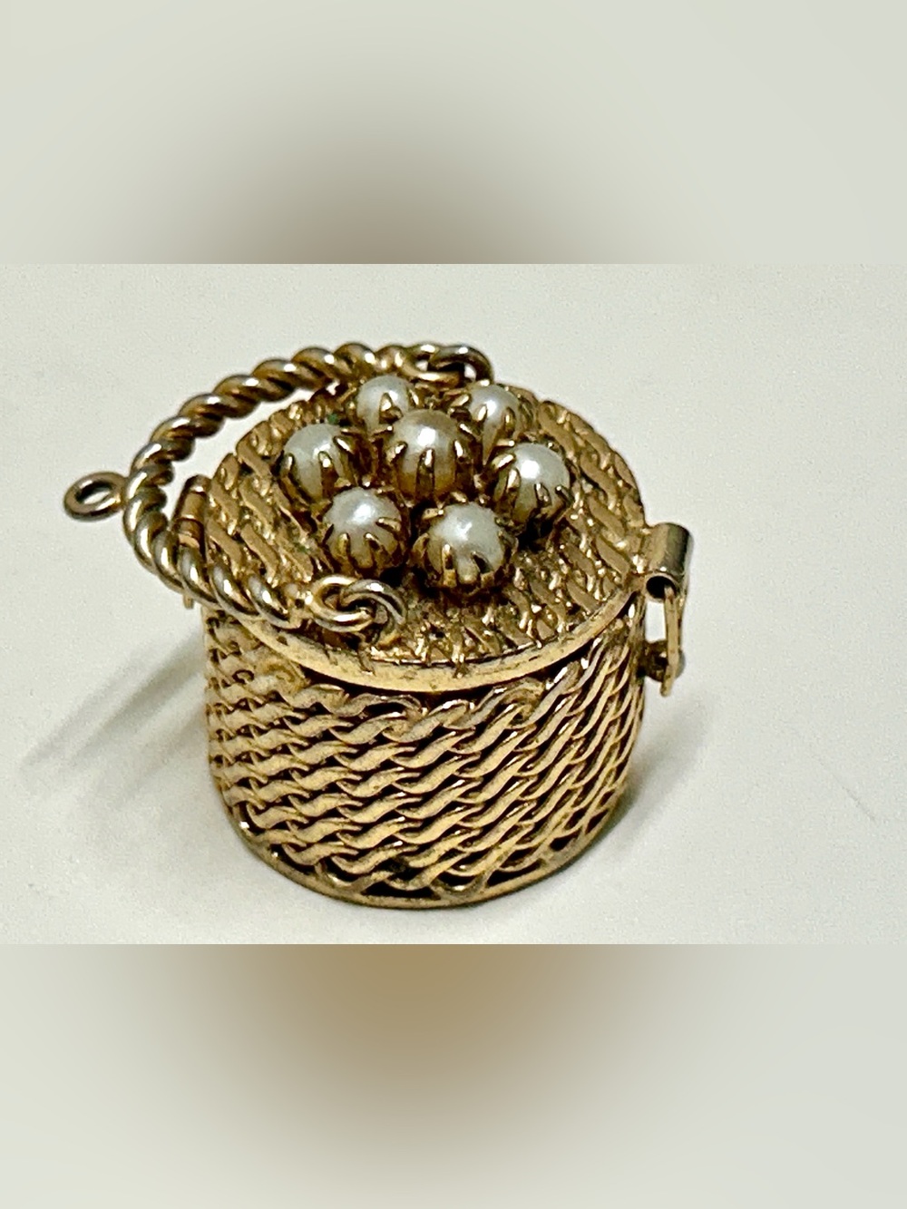 Vintage Pearl Encrusted Gold Plated Hinge Lidded Nantucket Basket Charm Pendant